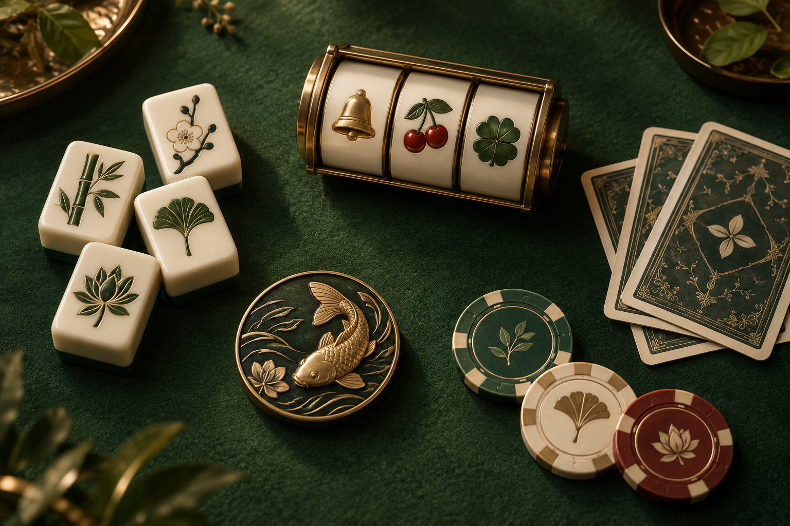 Ilustrasi ubin mahjong, gulungan slot, kartu, dan cip di atas meja hijau.