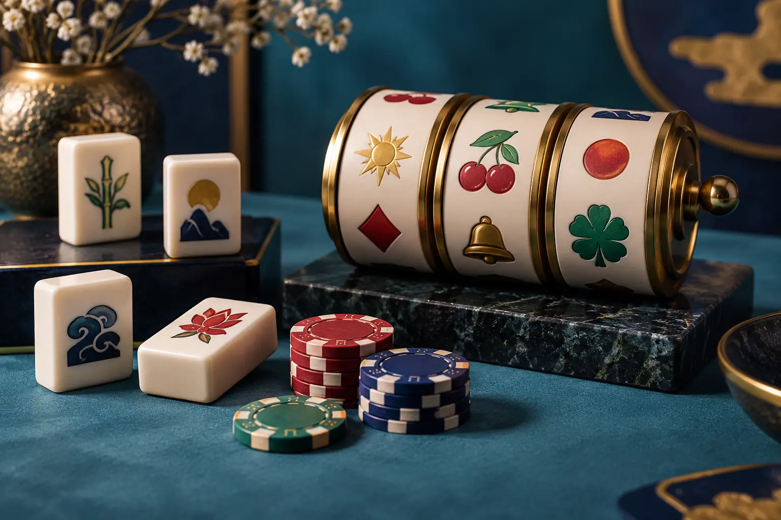 Ilustrasi kategori slot dan ubin mahjong untuk panduan permainan Pulsa303