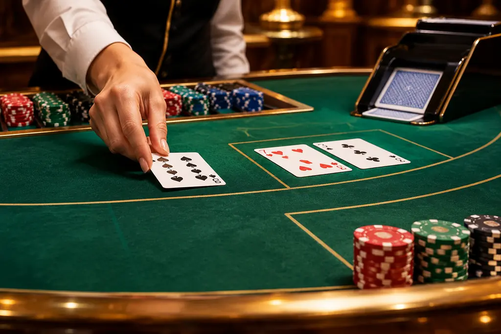 Meja baccarat dengan kartu menghadap atas dan sepatu kartu