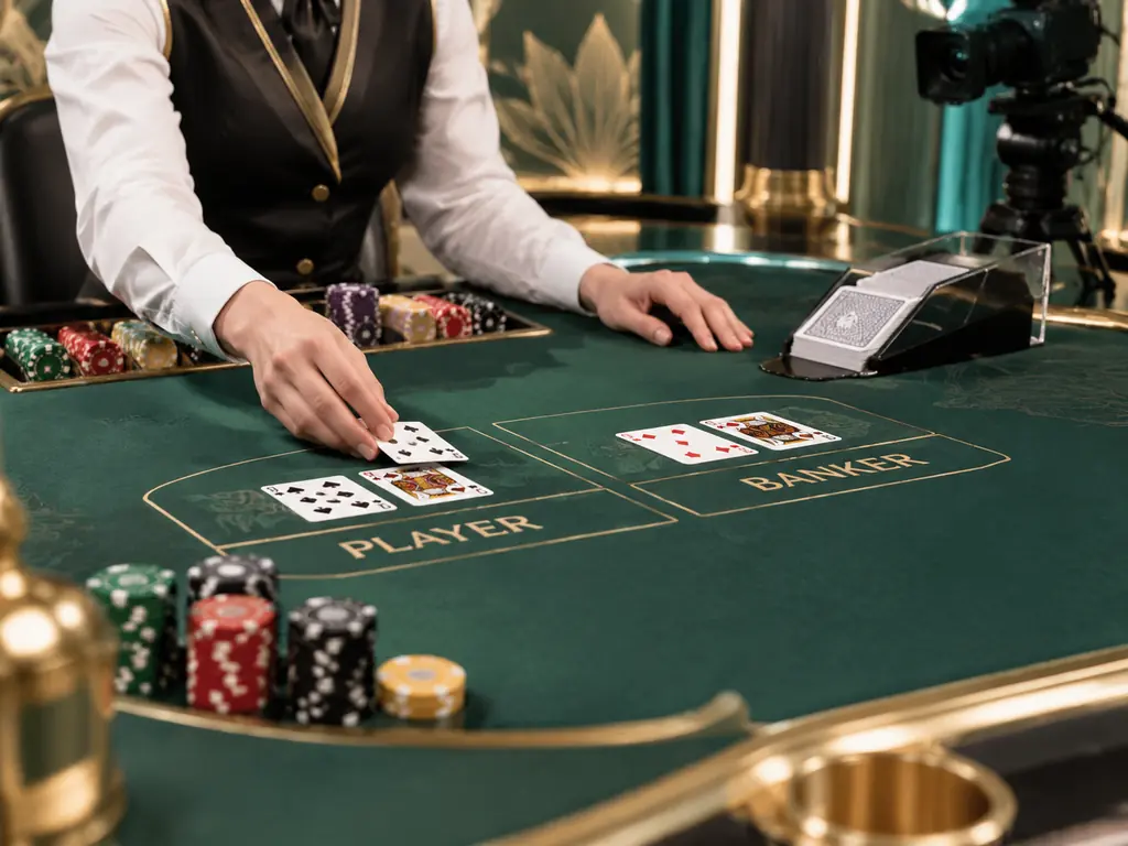 Studio live casino dengan meja baccarat, sepatu kartu, dan kamera siaran