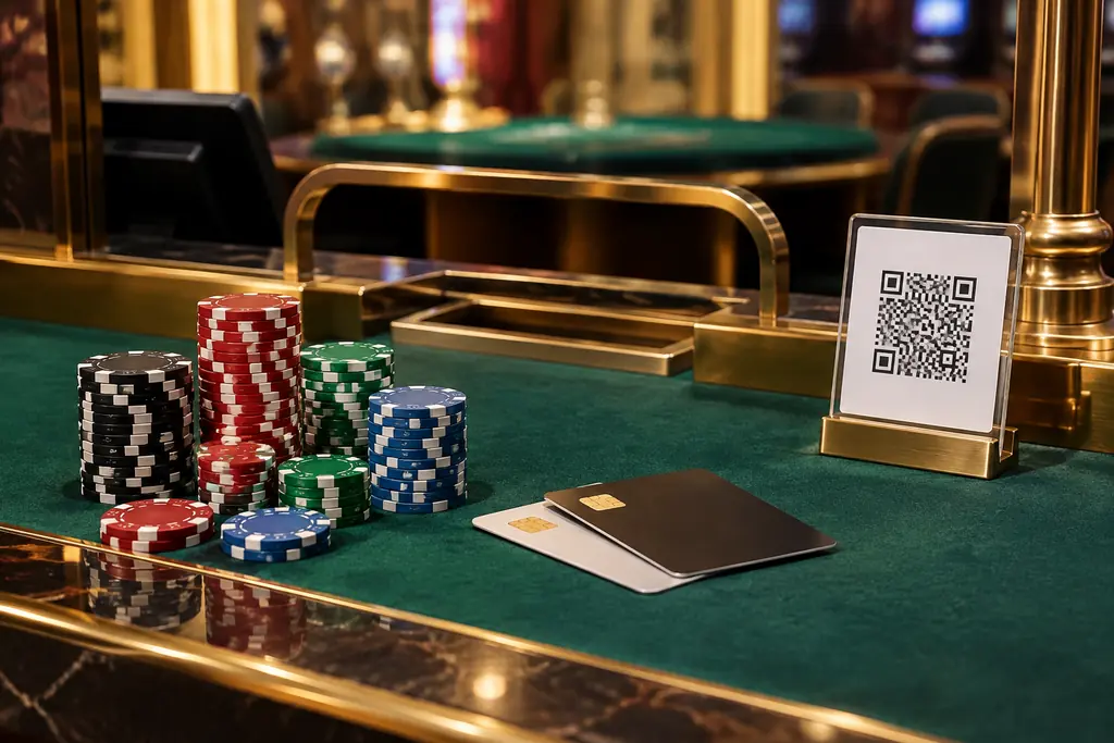 Meja kasir kasino dengan keping, kartu bank, dan kode QR untuk pembayaran