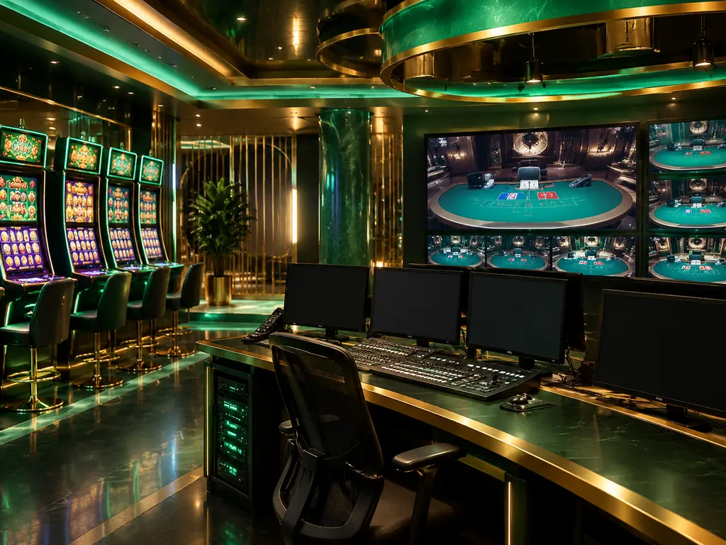 Studio penyedia permainan kasino dengan lemari slot dan monitor meja live
