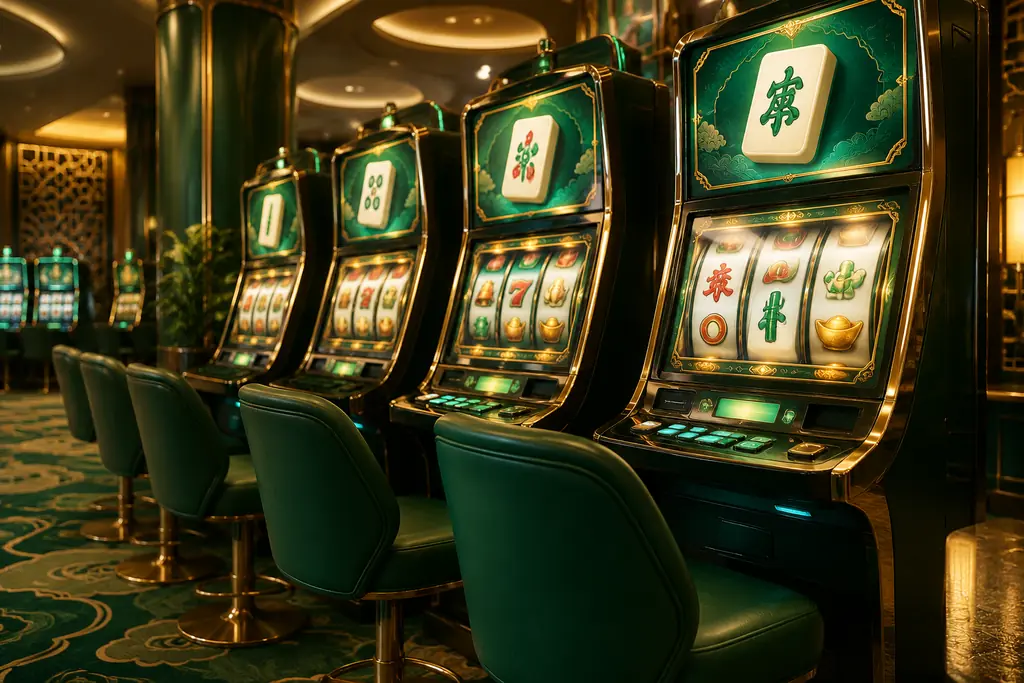Deretan lemari slot di sudut kasino dengan cahaya hijau dan kuningan
