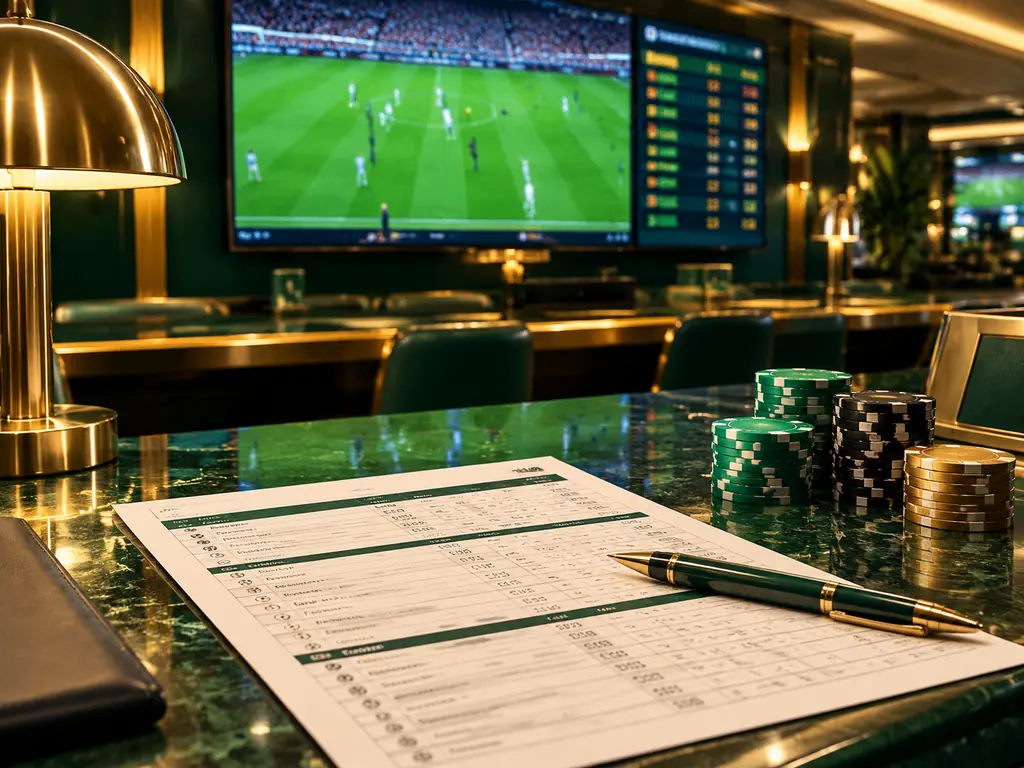 Meja taruhan olahraga dengan daftar pertandingan dan layar sepak bola di kasino