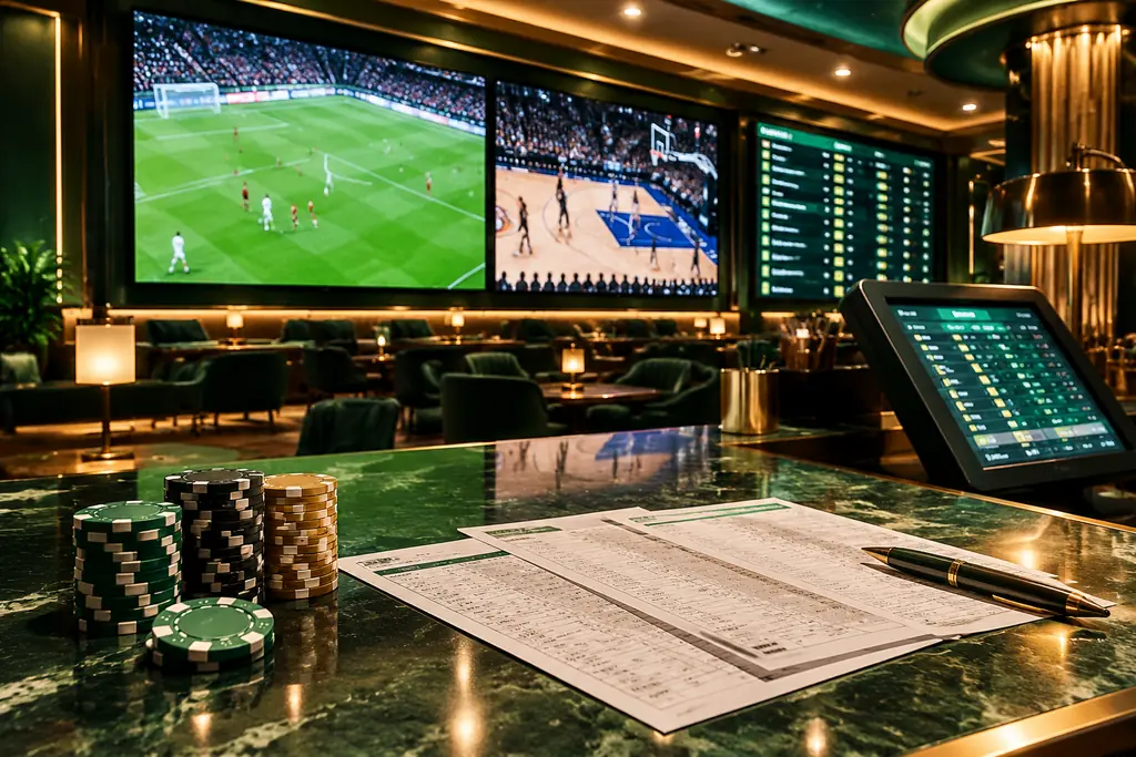 Lounge olahraga kasino dengan layar pertandingan sepak bola dan bola basket